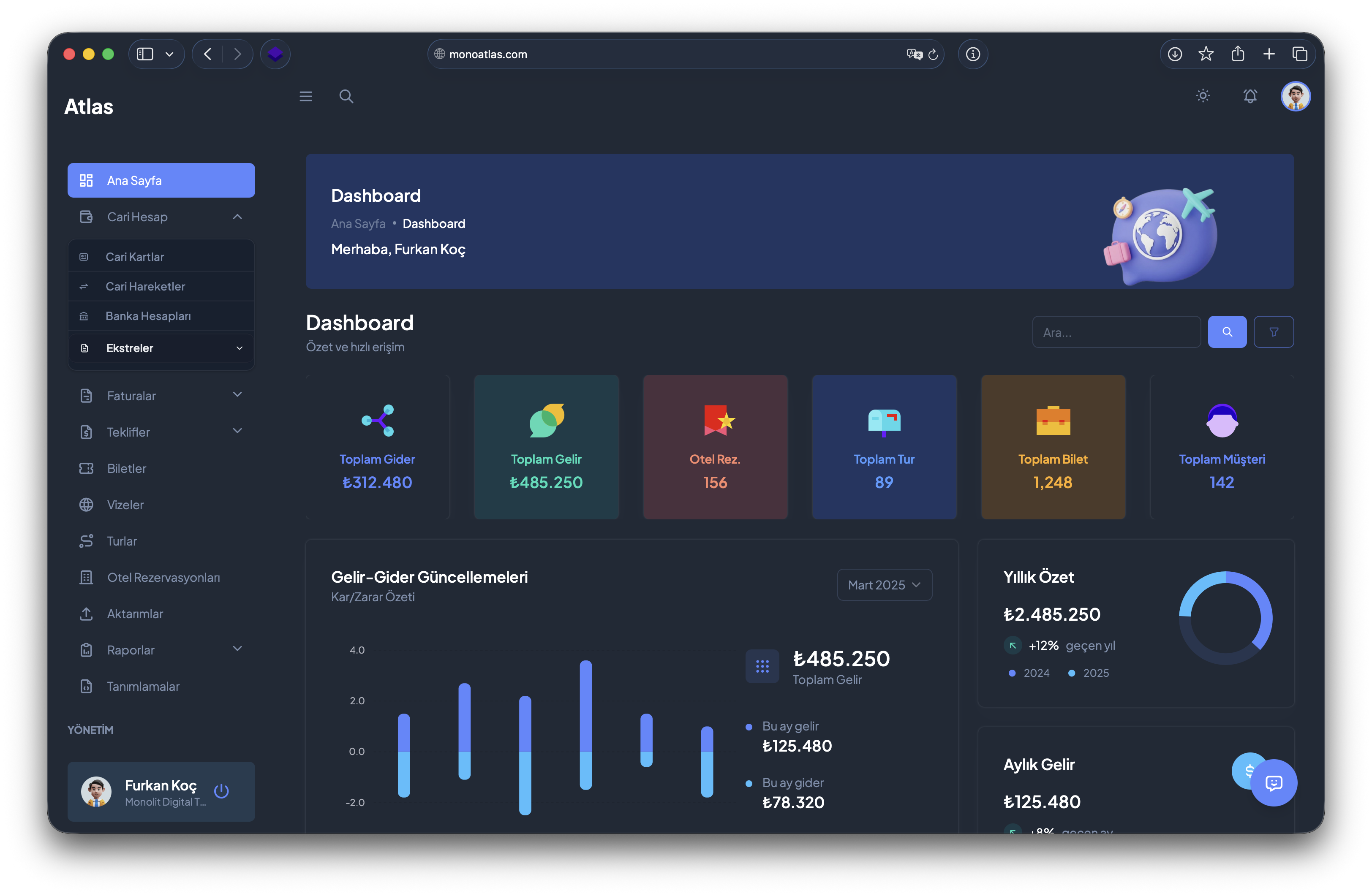 Atlas — çok şirketli gece teması dashboard